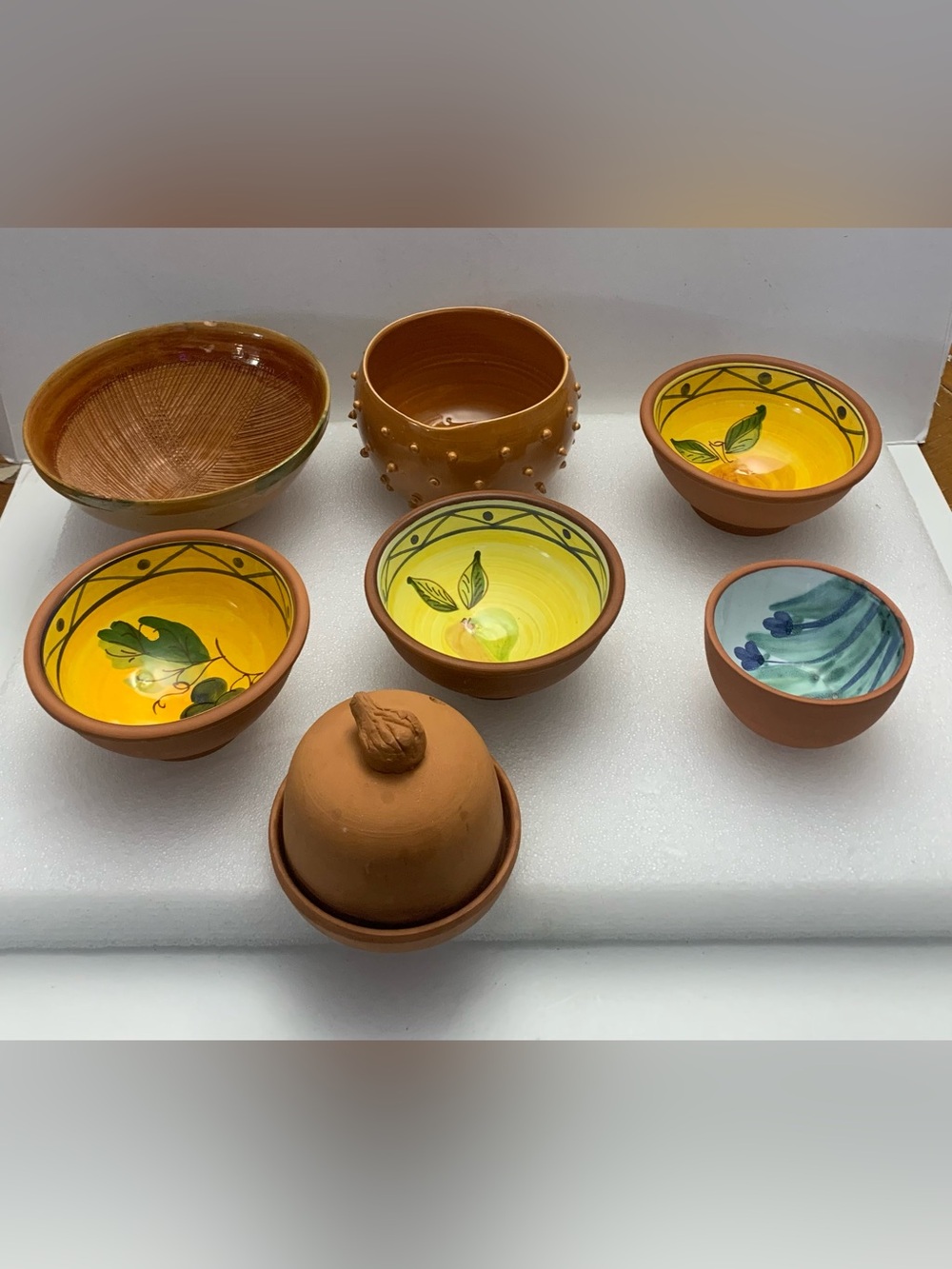 Hand-Painted Yellow Ceramic Serving Bowls Set - Terracotta Accent